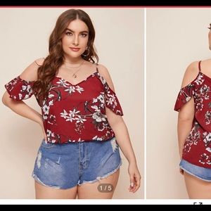 Plus Cold Shoulder Floral Top, Red Flowers Blouse